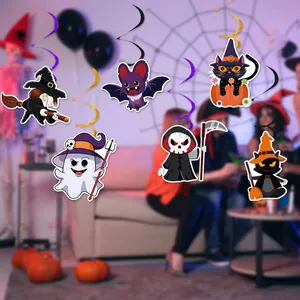Halloween hanging swirl decorations featuring cartoon witch ghost bat and pumpkin cat