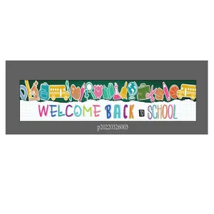 Detail of Welcome Back to School outdoor banner with colorful classroom icons and grid pattern