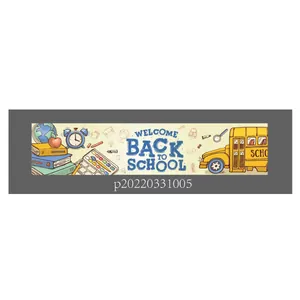 Detail of Back to School banner with school bus, globe, and books on blue background