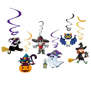 Halloween hanging swirl decorations with cartoon ghost, black cat, and witch characters