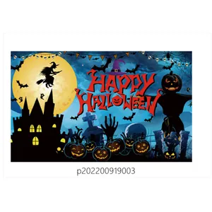 Detail of Halloween backdrop featuring gothic castle, pumpkins, and a witch silhouette