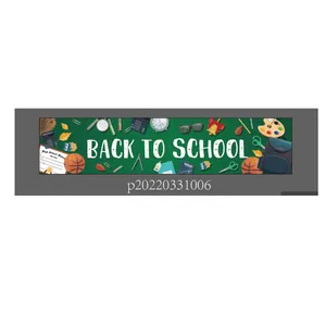 Detail of Back to School banner with green chalkboard texture and school element icons