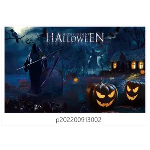 Detail of Halloween backdrop featuring Grim Reaper, jack-o-lanterns and haunted house decor