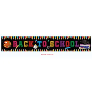 Macro shot of Welcome Back to School banner with stationery icons and pencil borders