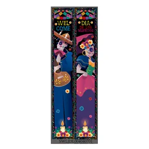 Détail des bannières Día de los Muertos avec musiciens et danseurs squelettes typiques