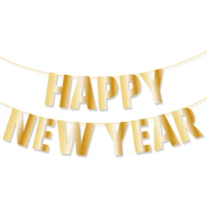 Bannière HAPPY NEW YEAR dorée avec lettres métalliques pour décorations de fête 2024