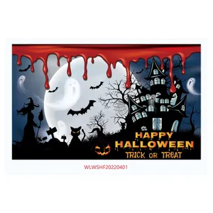 Halloween party background tapestry featuring haunted castle witch and blood drop design