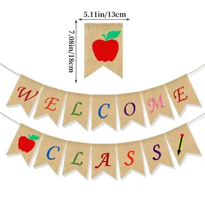 Rustic jute welcome back to school banner with colorful letters and pencil motifs