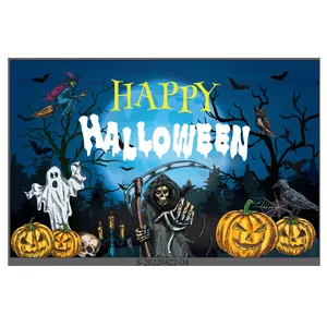 Halloween party wall tapestry with grim reaper, ghost, and pumpkin illustration