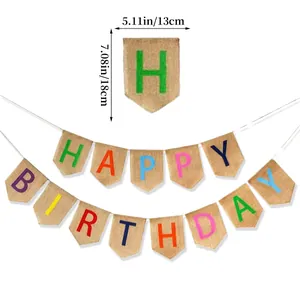 Linen Happy Birthday banner with colorful letters for party decoration, 13x18cm flags