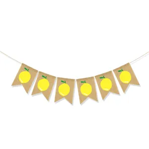 Detail showing lemon pattern prints on rustic burlap pennants for party banners