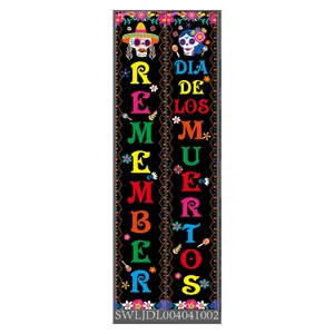 Détails des bannières de porte Jour des Morts avec motifs de squelette et fleurs vibrantes