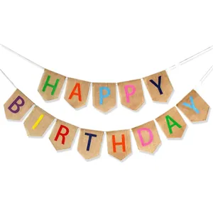 Detail of colorful HAPPY BIRTHDAY burlap banner with rustic flags for party decoration