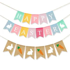 Colorful burlap banner set featuring Happy Easter letters with rabbits and carrots decor