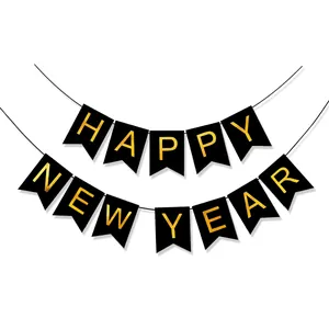 Golden Happy New Year bunting banner with black swallowtail flags for 2024 party decor