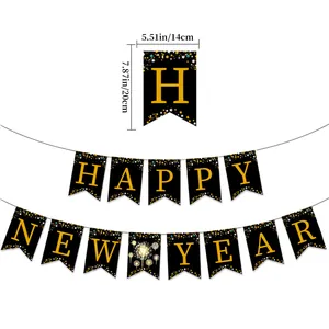 Black and gold Happy New Year banner bunting with fireworks design for party decor