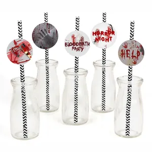 Halloween Blutiger Handabdruck Strohhalm Deko Set Horror Party Papierstrohhalme Mit Blutspritzer Waffen Karten