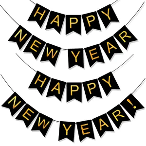 Happy New Year Banner Bronzing Black Gold Hanging Bunting Garland Party Decoration Festive Backdrop Celebration Supplies