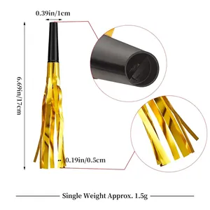 Gold fringe party blowouts for celebrations with size 17cm and weight 1.5g specs