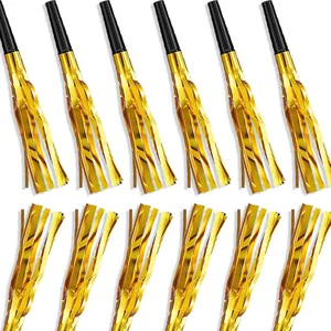 12-piece set of gold metallic foil party blowouts with black mouthpieces on white background