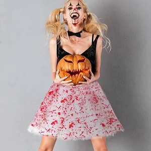 Close-up of blood-splattered white tutu skirt with red mesh layers for Halloween costumes