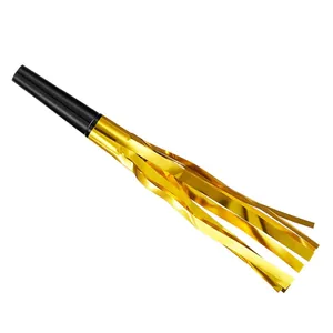 Golden fringe party noisemaker with black mouthpiece on a clean white background