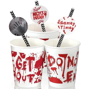 Details zu Halloween-Strohhalmen mit Bluthandabdruck und GET OUT Partybechern