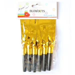 6-pack of gold tinsel party blowouts with black marble nozzles in retail packaging