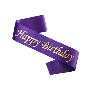 Purple satin Happy Birthday sash with elegant gold foil lettering for party decoration