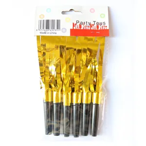 Macro view of 6-piece party blowouts with black plastic mouthpieces and gold foil tassels
