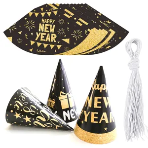 Happy New Year 2026 Party Cone Hats Black Gold Glitter Printed Paper Birthday Celebration Decoration Hats For Kids Adults