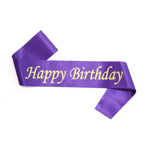 Purple satin Happy Birthday sash with elegant gold foil lettering for party decor