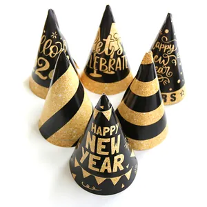 Black and gold New Year party hats set with Happy New Year glitter finish design
