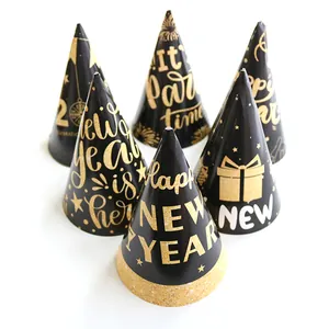 Detailed set of six black and gold New Year paper party hats with glitter finish
