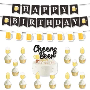 Beer Theme Birthday Party Decoration Happy Birthday Banner Cheers Beer Cake Topper Cupcake Toppers Bunting Baby Shower Celebration Glitter Paper Decor