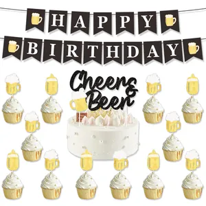 Detail showing Happy Birthday banner and Cheers Beers glitter cake toppers for party