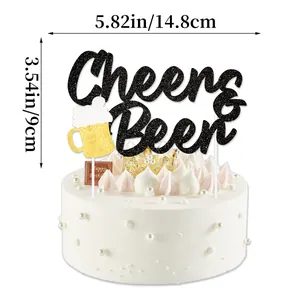 Detail of glitter Cheers & Beer cake topper on a white pearl cake with size markings