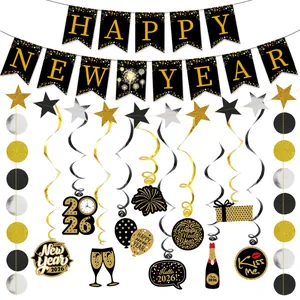 2026 Happy New Year black and gold party decoration set with banners and swirls