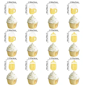 Baby shower cupcake toppers featuring glittery beer mug and milk bottle banner designs