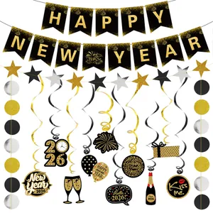 2026 Happy New Year Decorations Black Gold Fireworks Banner Star Circle Garland Hanging Swirls For New Year Eve Party
