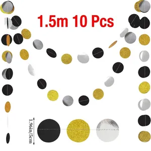 1.5m black gold and silver glitter paper circle dot garlands for New Year party decoration