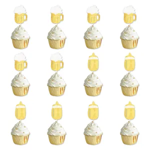 Set of 12 gold glitter beer mug and baby bottle cupcake toppers for theme party decor