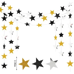 Detailed view of 1.5m star garland with gold, black and silver 6cm stars