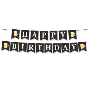 Detail of Happy Birthday banner with black swallowtail cards and beer mug illustrations