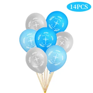 First Holy Communion Party Decoration Latex Balloons Set With Gold Ribbon Cross Olive Branch Print Religious Celebration Supplies