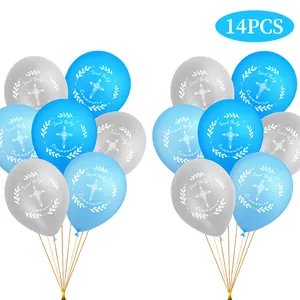Detail of 14pcs First Holy Communion latex balloons with cross and olive branch prints