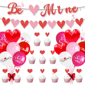 Detailed set of Valentine's Day party decorations with glittery banners and heart balloons