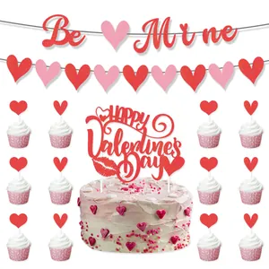 Glittery Happy Valentine's Day party decoration set with banners and cake toppers