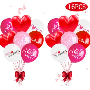 16-piece Valentine's Day balloon set featuring red and pink latex hearts and ribbons