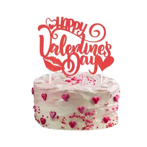 Red glitter Happy Valentine's Day cake topper with hearts on a cream-topped cake